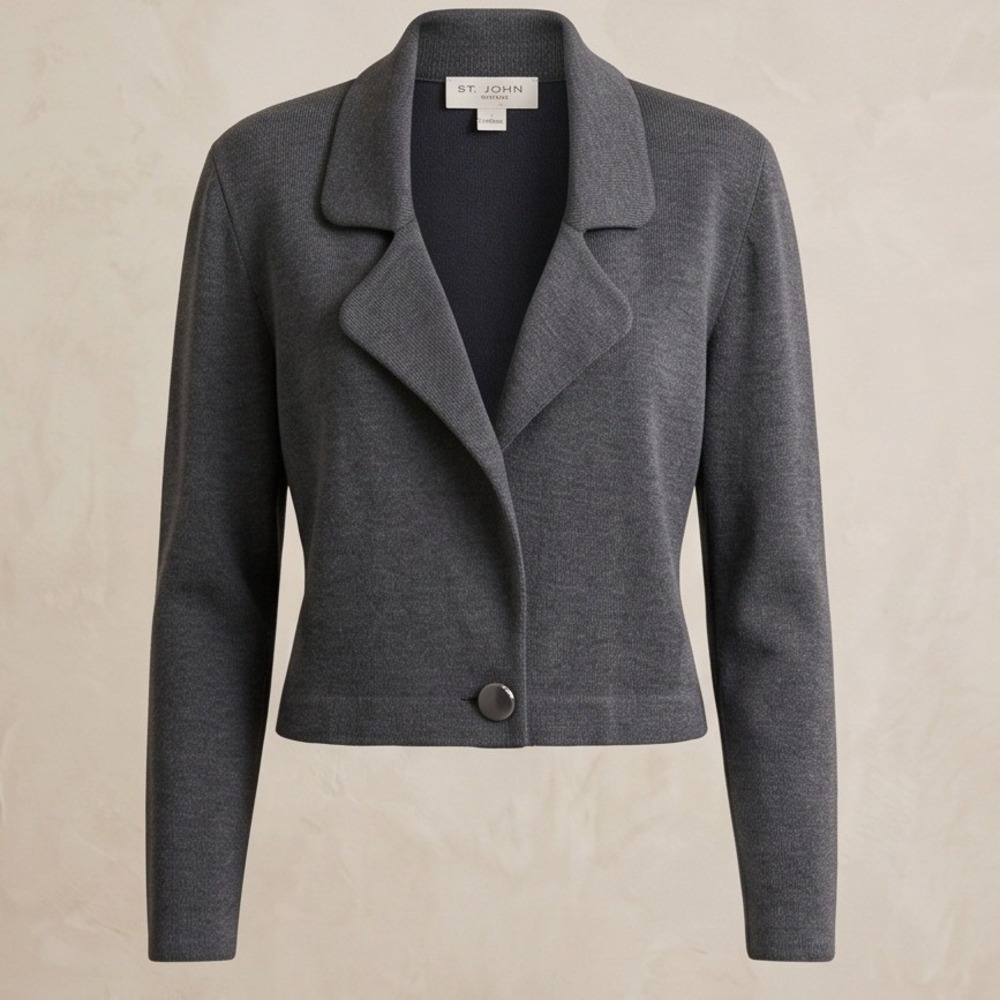 St John Marie Gray L Santana Knit Cropped Blazer Jacket Large Made in USA